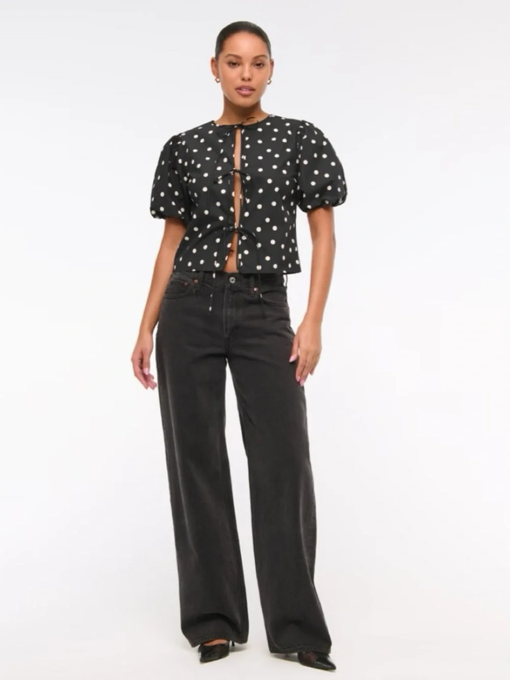 Abercrombie & Fitch Puff-Sleeve Tie-Front Polka Dot Blouse - Pink